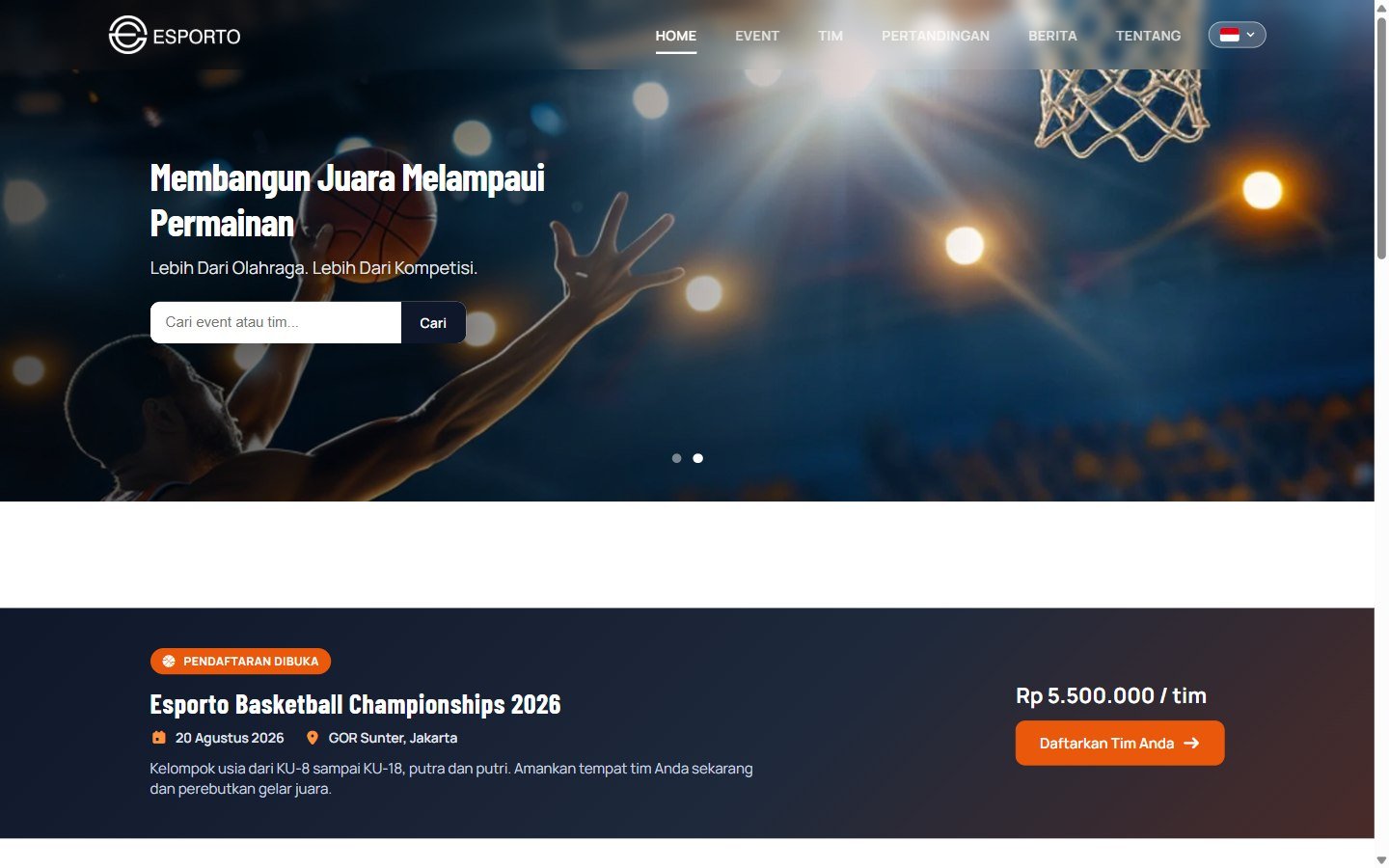Beranda Esporto menampilkan event dan turnamen olahraga