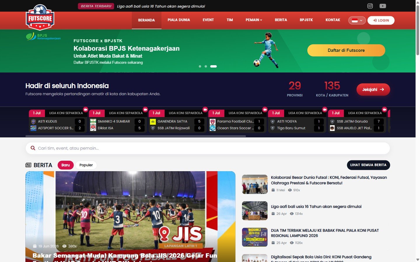 Beranda Futscore menampilkan jangkauan nasional dan skor pertandingan langsung