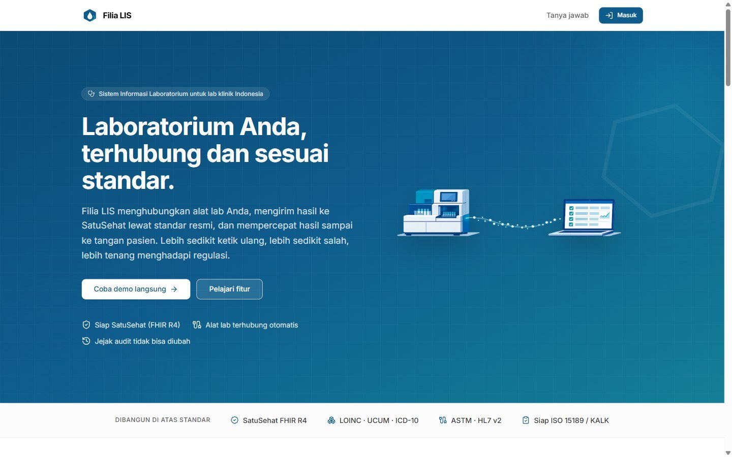 Halaman Filia LIS: laboratorium terhubung dan sesuai standar SatuSehat