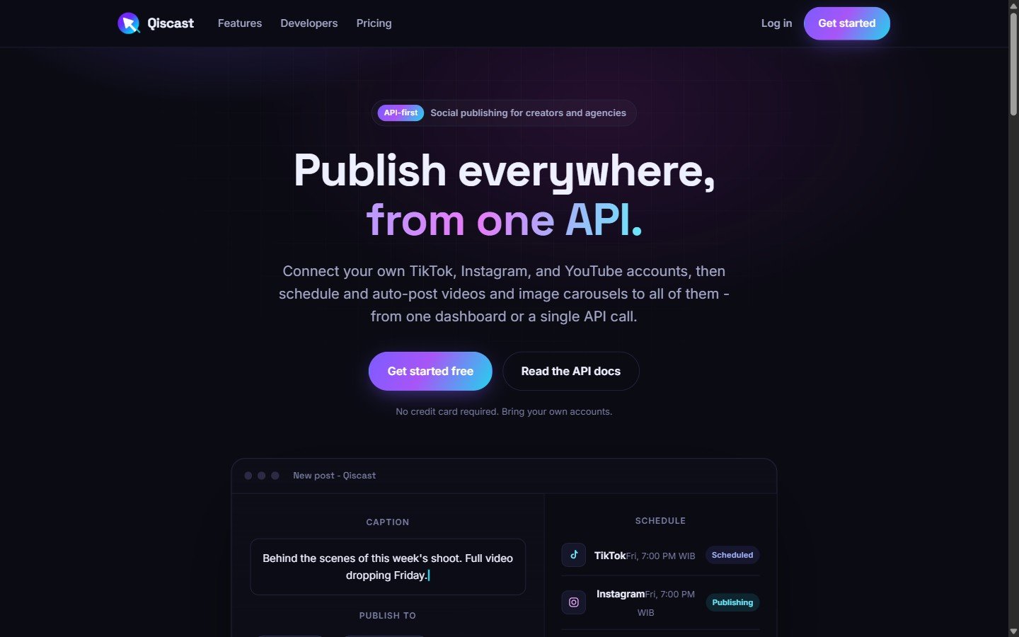 Beranda Qiscast menampilkan penjadwalan posting ke TikTok, Instagram, dan YouTube