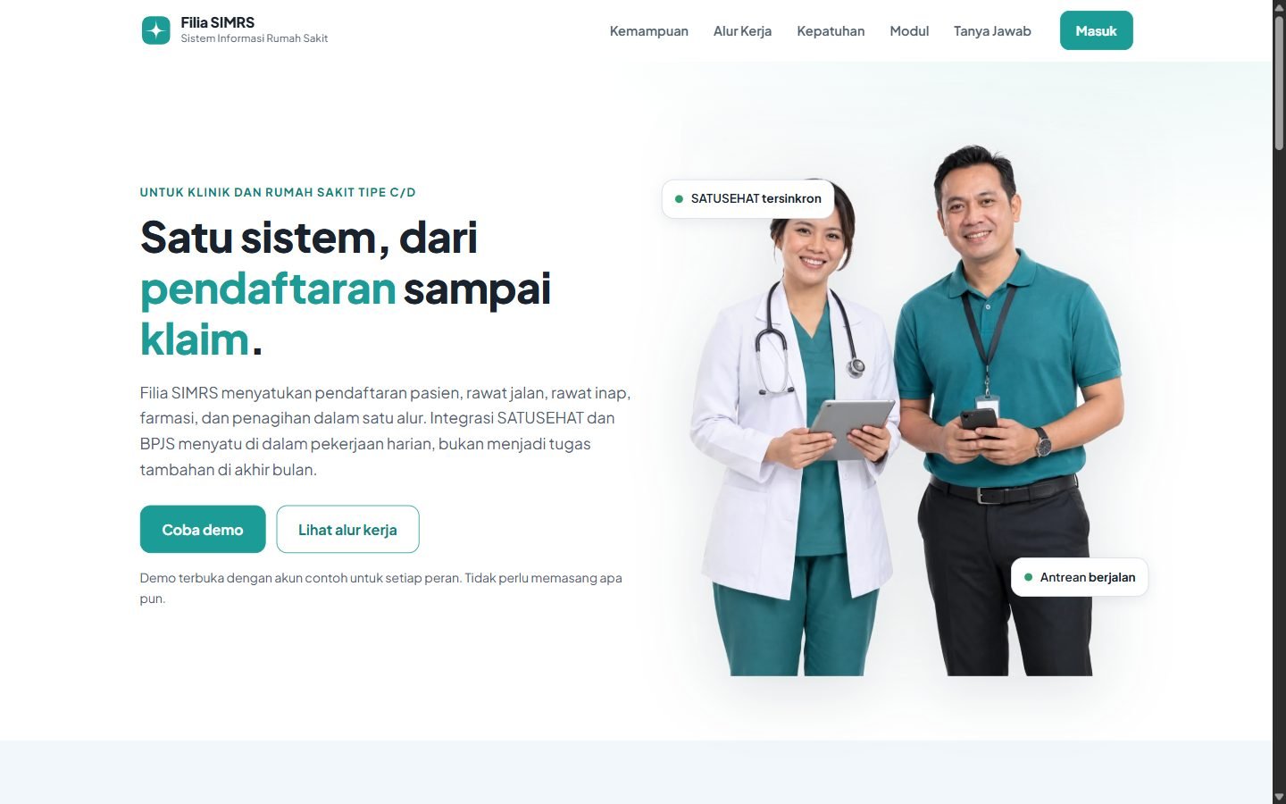 Halaman utama Filia SIMRS: satu sistem dari pendaftaran pasien sampai klaim BPJS