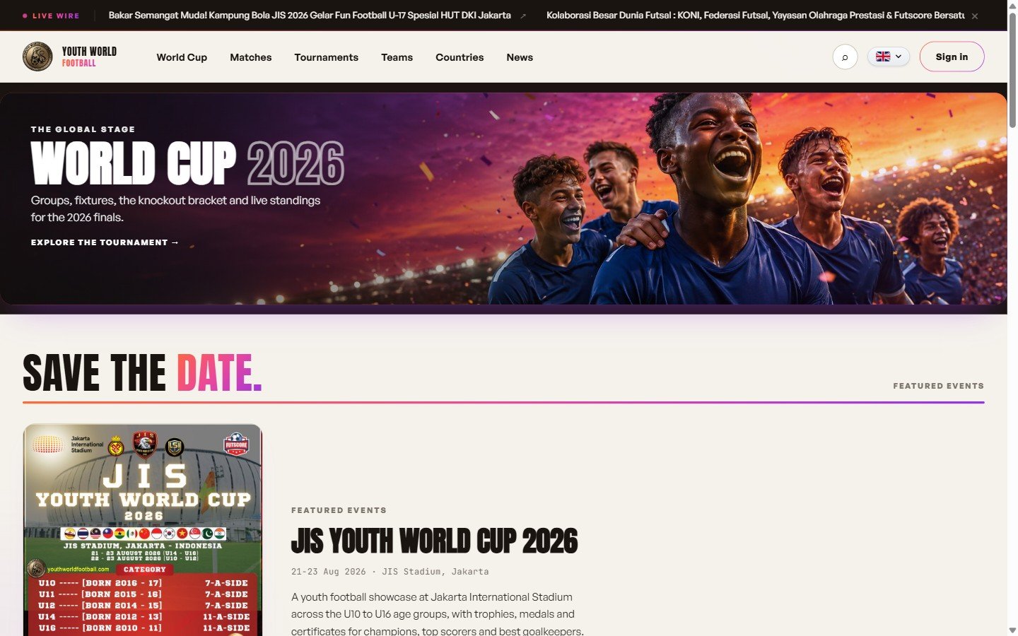 Beranda YouthWorldFootball menampilkan turnamen sepak bola usia muda